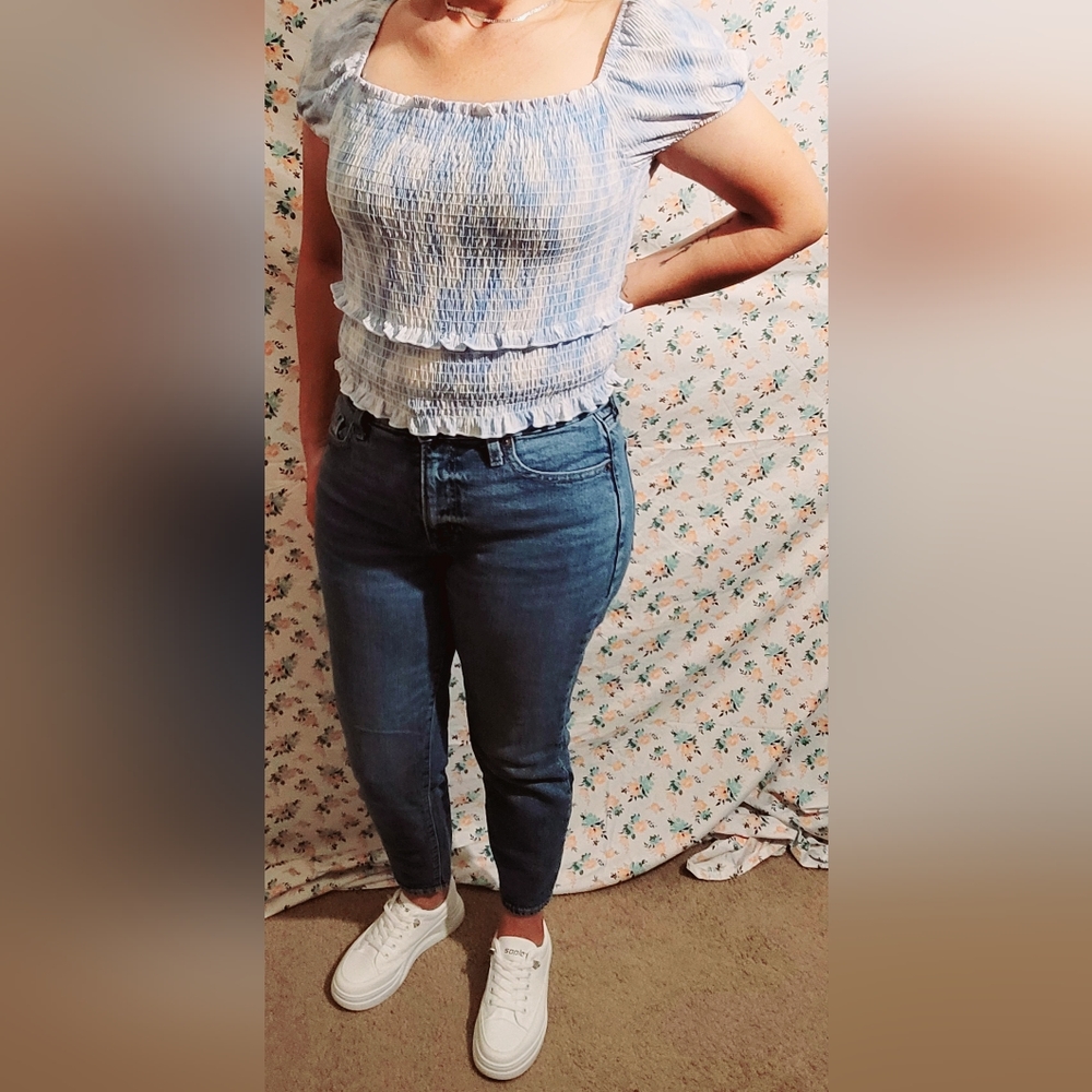 Printed Smocked Crop Top in Blue Swirl